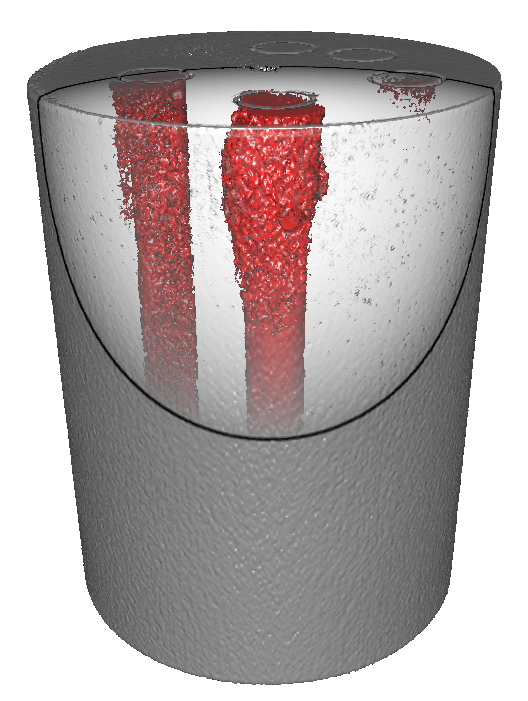 FDK Reconstruction of the gel phantom at time step 12. Iodine contrast agent is shown in red.